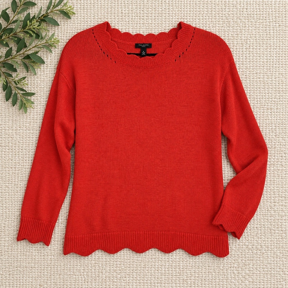 Talbots Sweater Red Scalloped Neckline Pointelle Knit Pullover Sz Petite Small